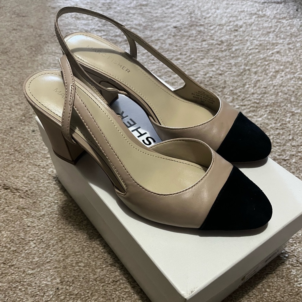 Marc Fisher Laynie Beige and Black Slingback Block Heels Toe Capped